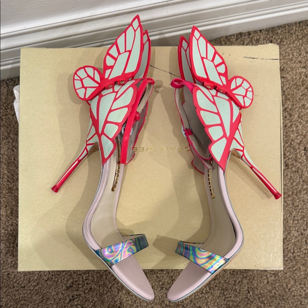 Sophia Webster Butterfly Heels 37 Holographic Strap Iconic Angel Wings Sandals - Picture 9 of 12